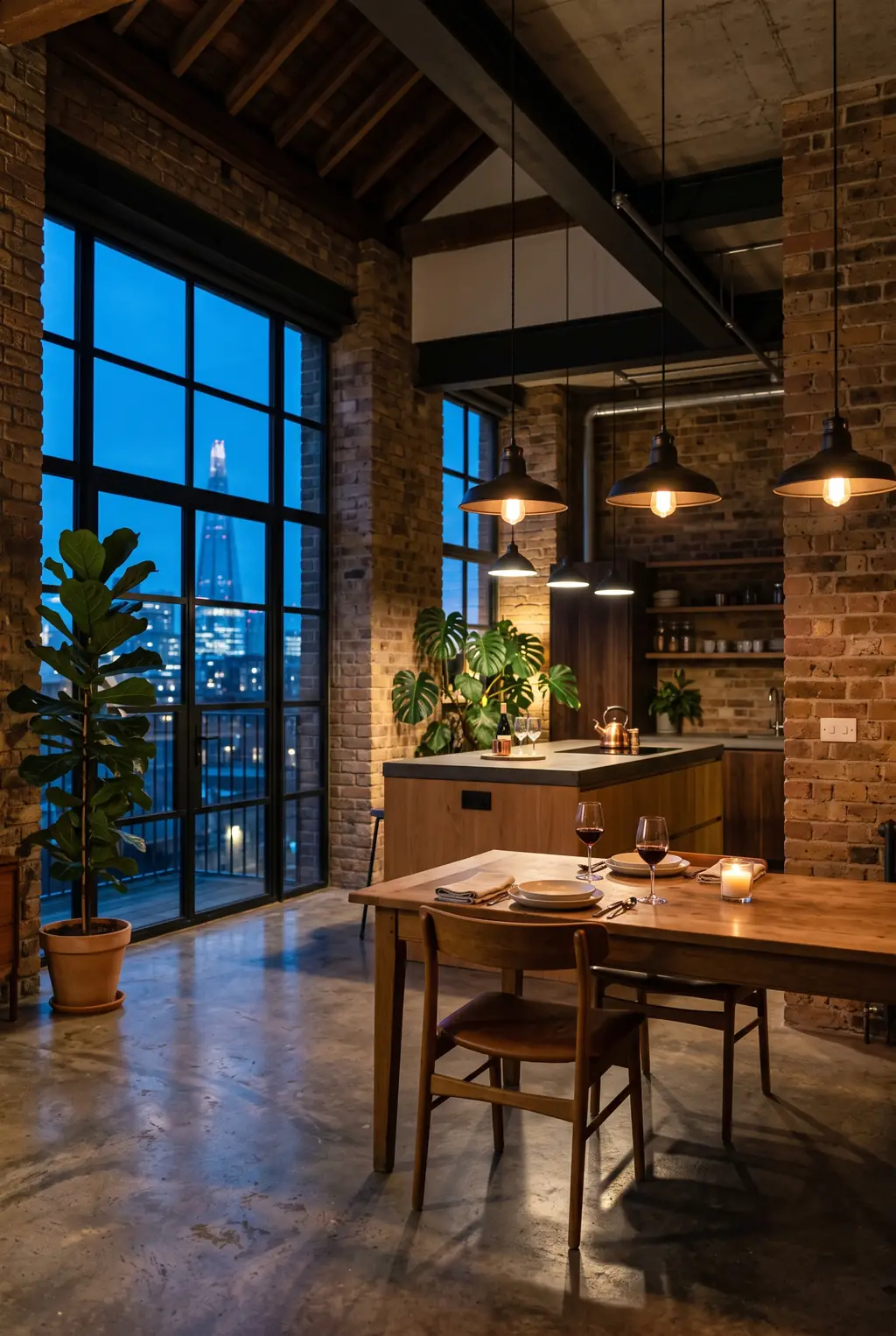 A warehouse loft kitchen and dining table at dusk