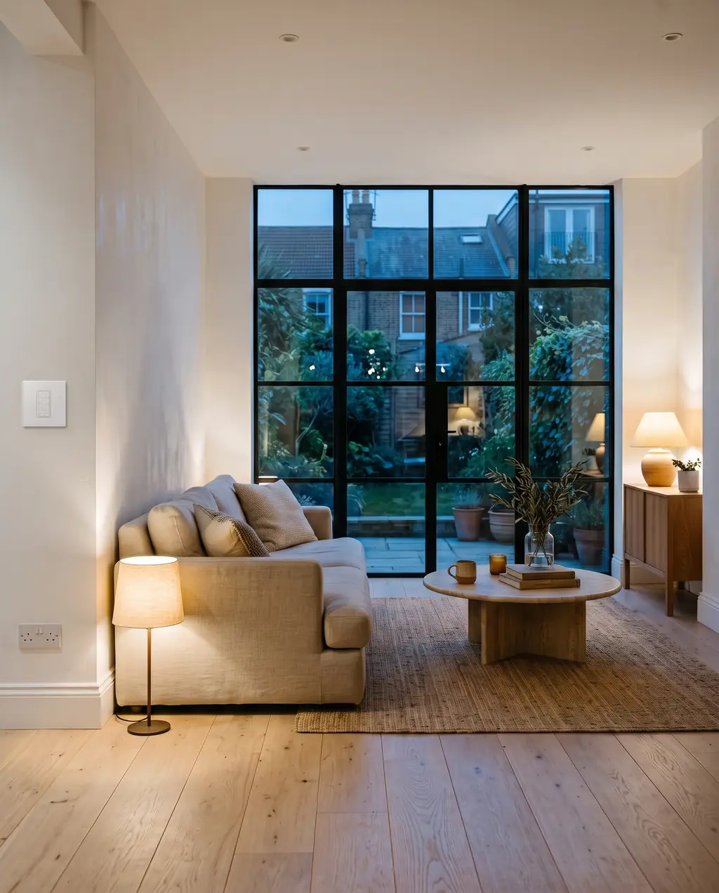 A modern living room at dusk with a white wall keypad by the door