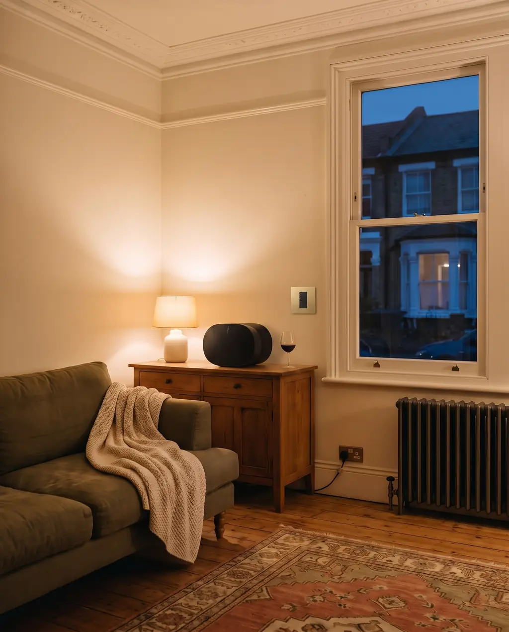 A Victorian sitting room with a speaker on the sideboard and a lamp on
