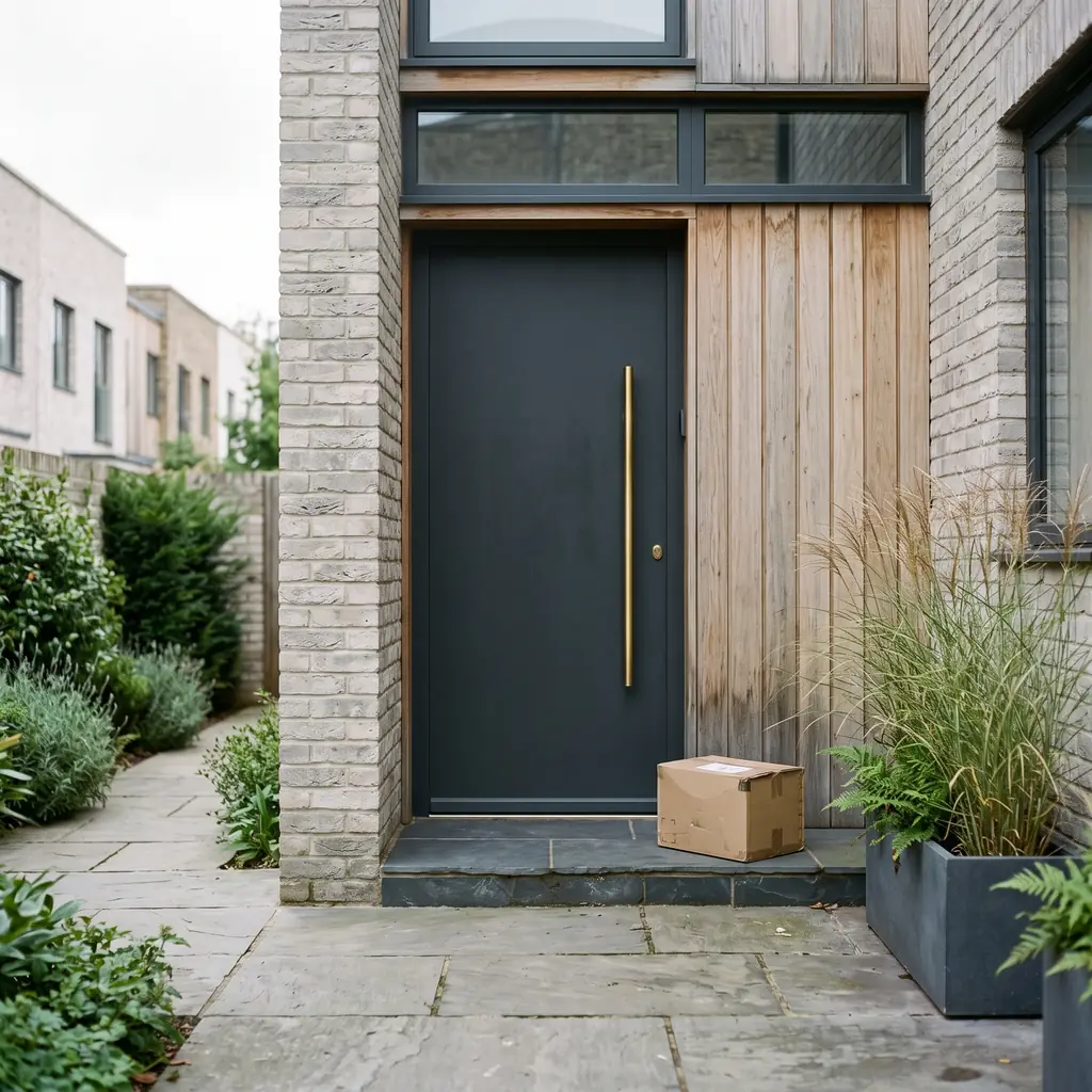 A contemporary front door with a parcel on the step