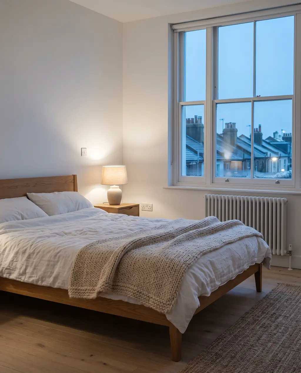 A bedroom in early light with a radiator under the window