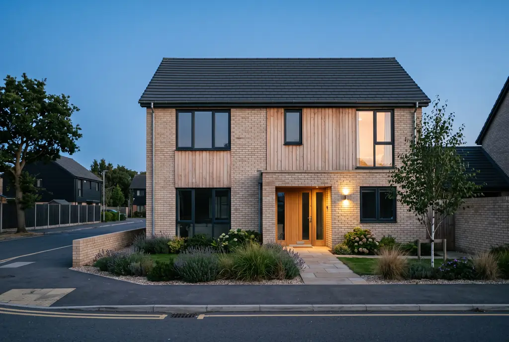 A new-build brick and timber house at dusk with the porch light on
