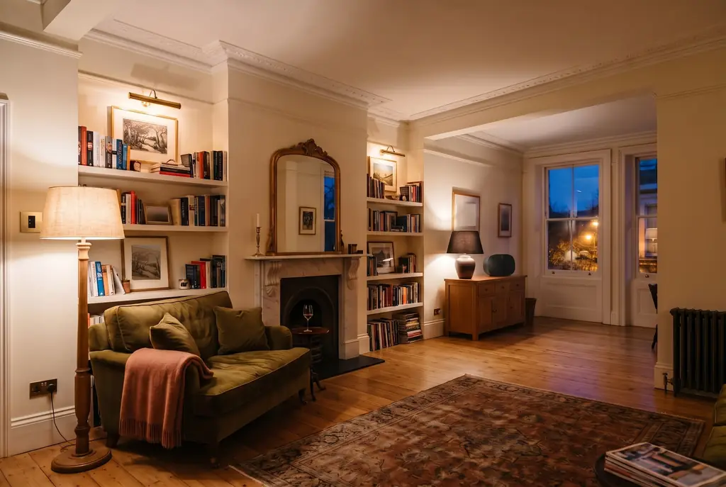 A Victorian living room in the evening, lamps on, a brass wall keypad by the fireplace and a speaker on the sideboard