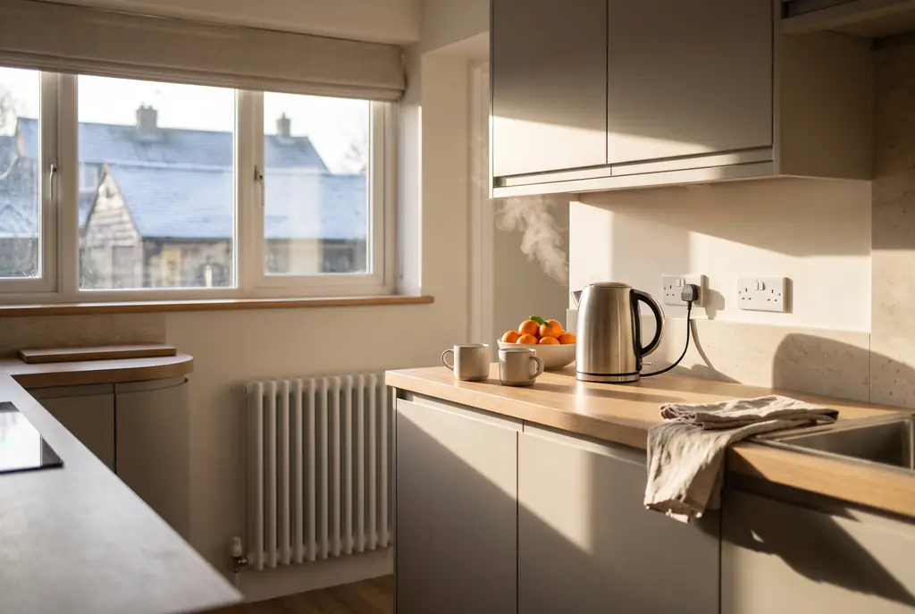 A modern kitchen in winter morning light with a radiator under the window