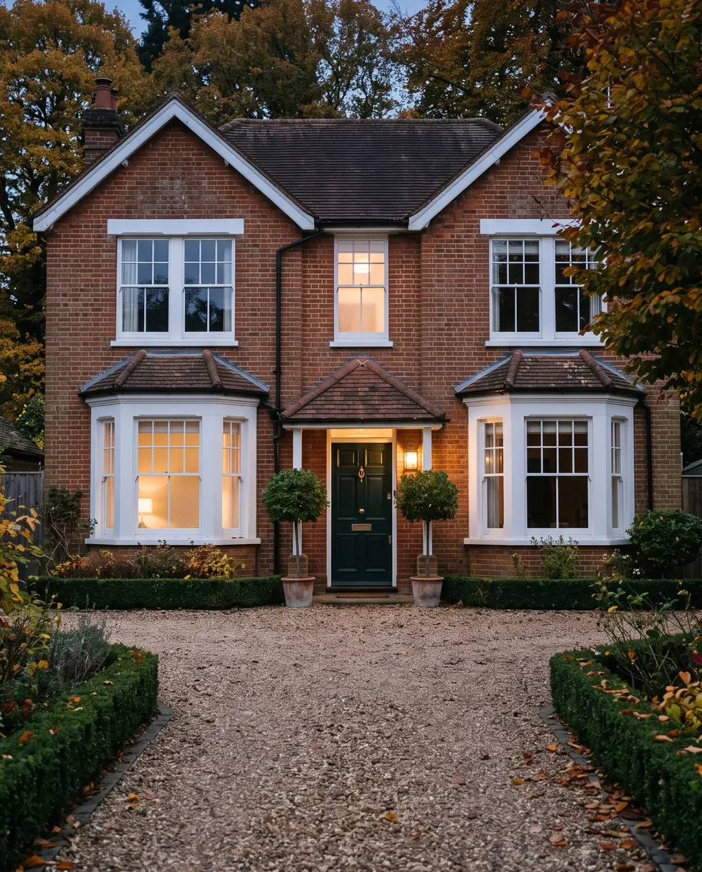 A brick house at dusk with lights on in the windows