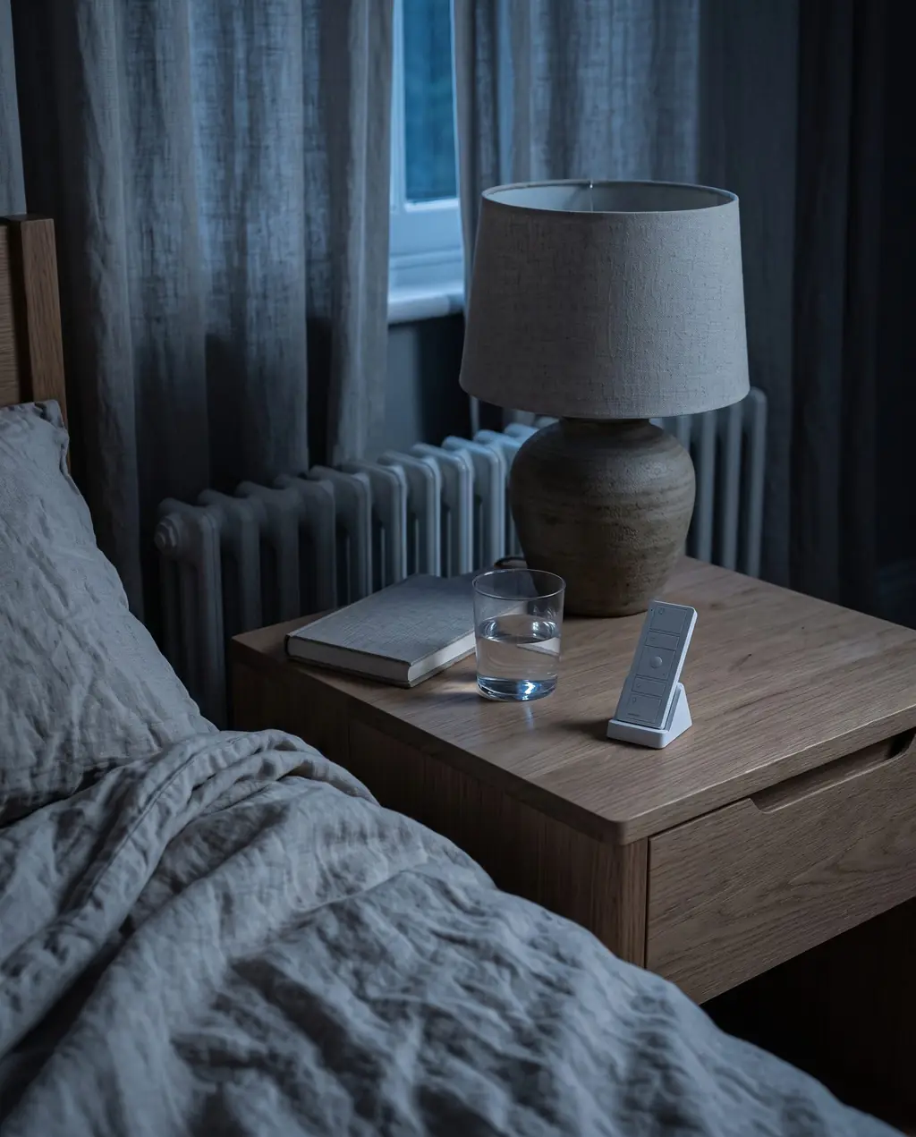 A bedside table in a dark bedroom with a phone on a stand