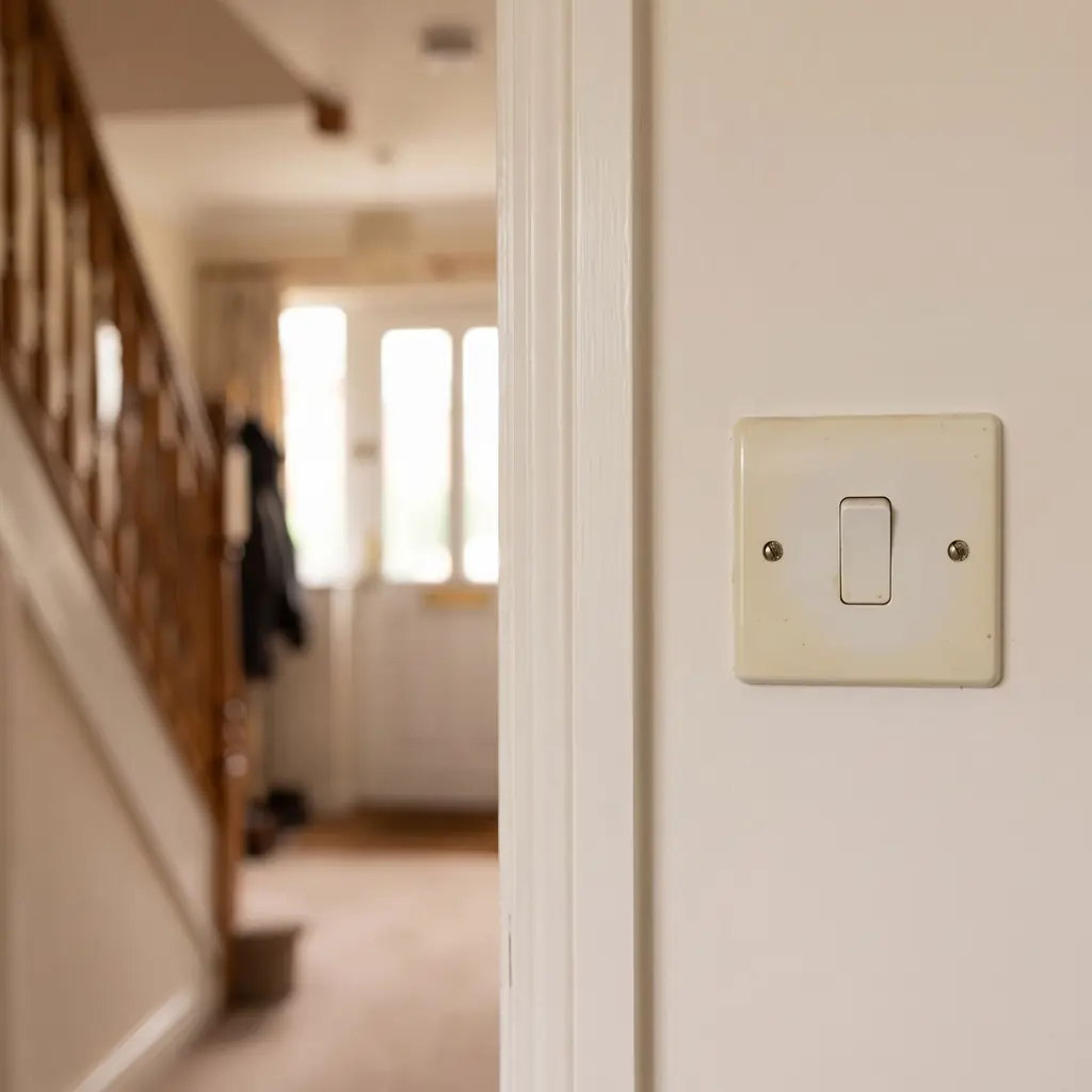 An old white light switch in a hallway