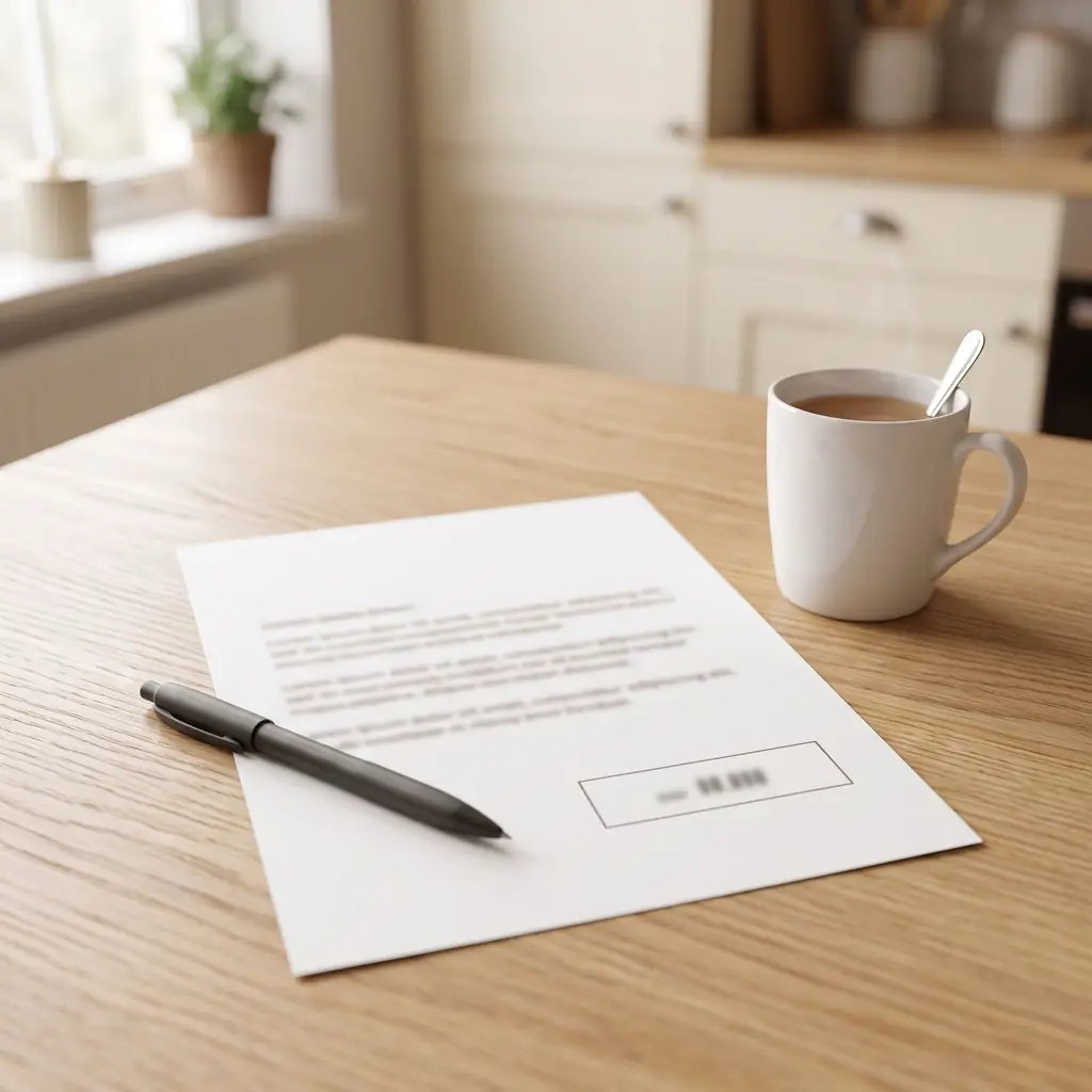 A written quote on a kitchen table beside a cup of tea