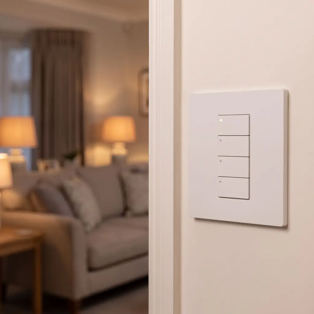 A new white keypad fitted on a living room wall